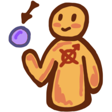 a yellow figure with a circle and an X on the chest. On the top right line of the X is an arrow. Above one arm of the figure is a purple ball with an arrow pointing to it.